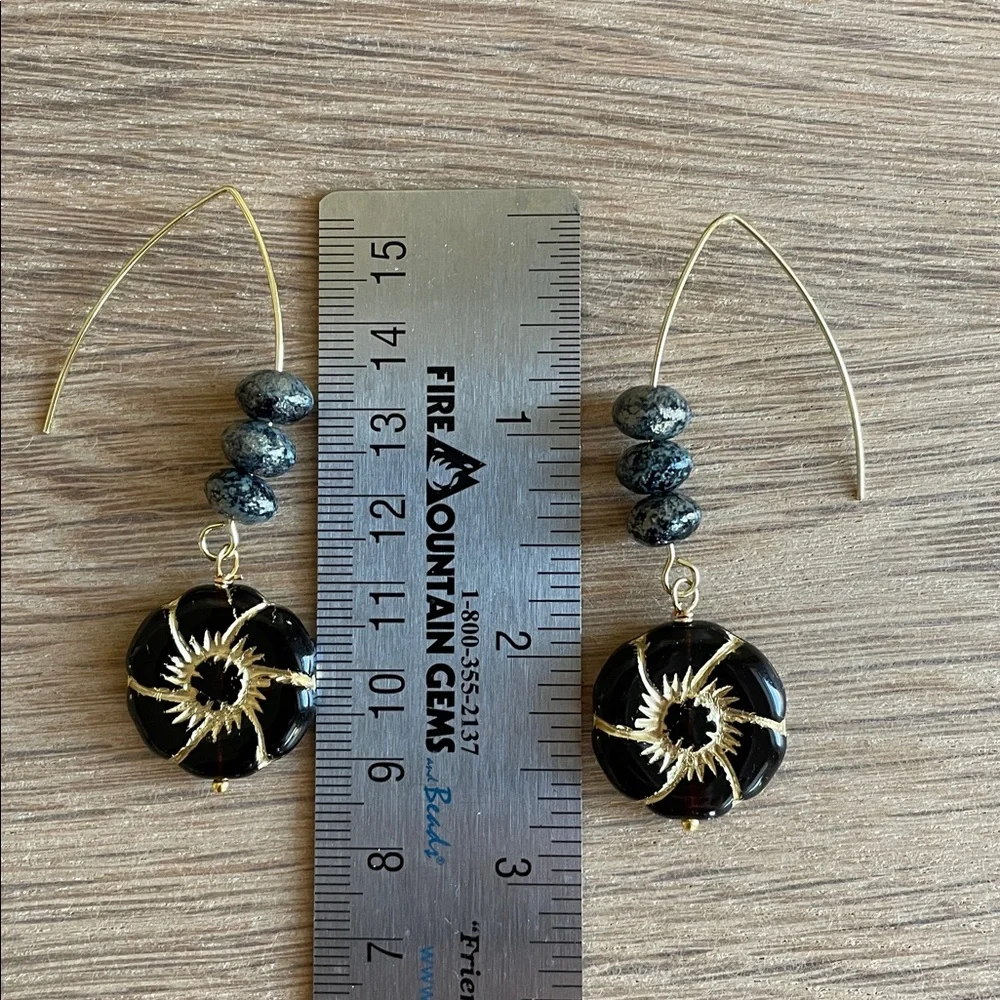 HAND CRAFTED BLACK & GOLD FLOWER CZECH GLASS EARRINGS Abstract Dangles